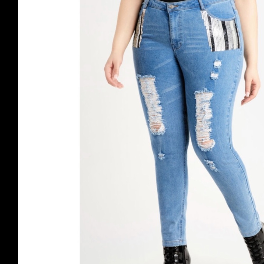 New Plus Size Women’s Ladies ASHLEY STEWART Sequin Distressed Skinny Denim Jean